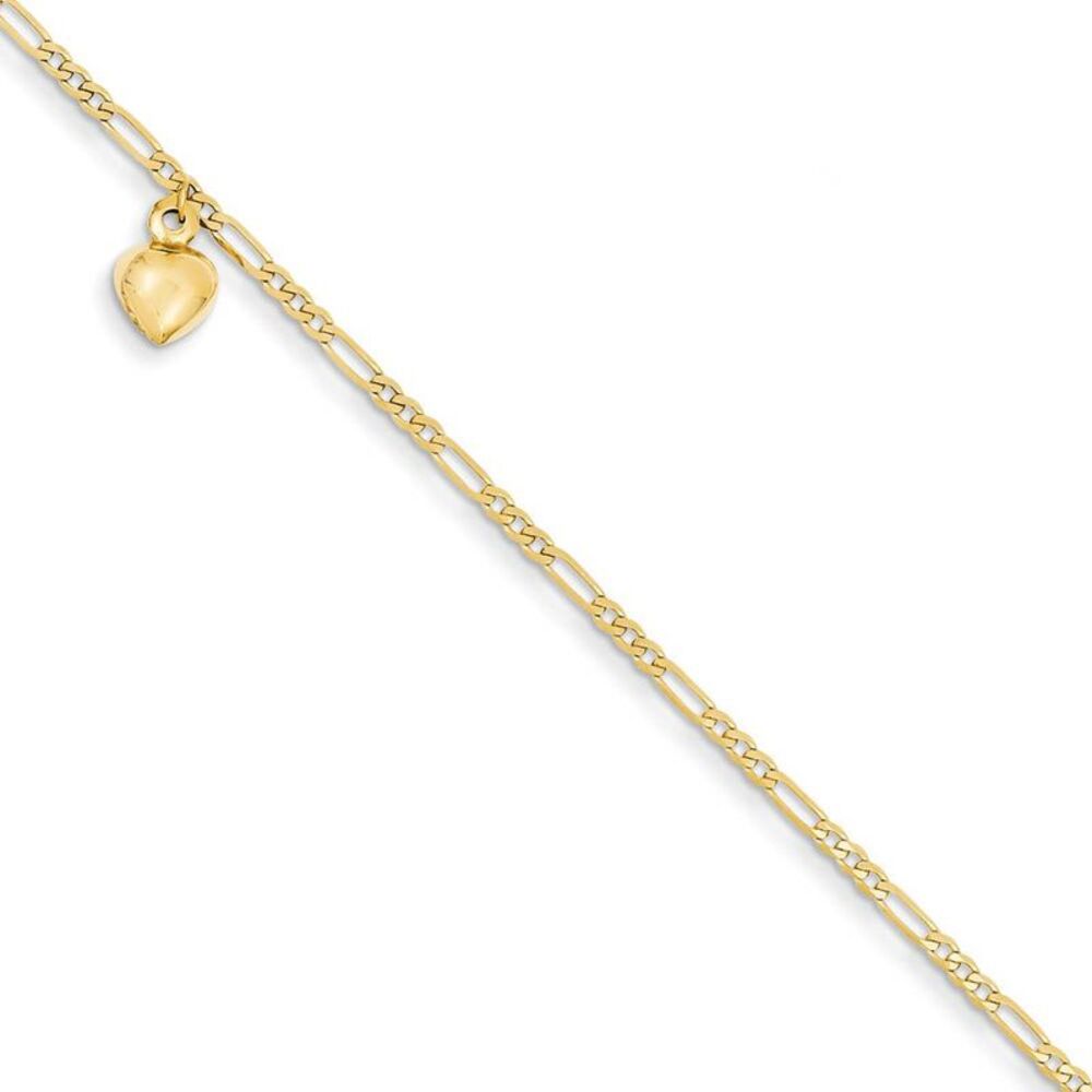 14k Gold Figaro Link with Dangling Heart Anklet, 10 inch